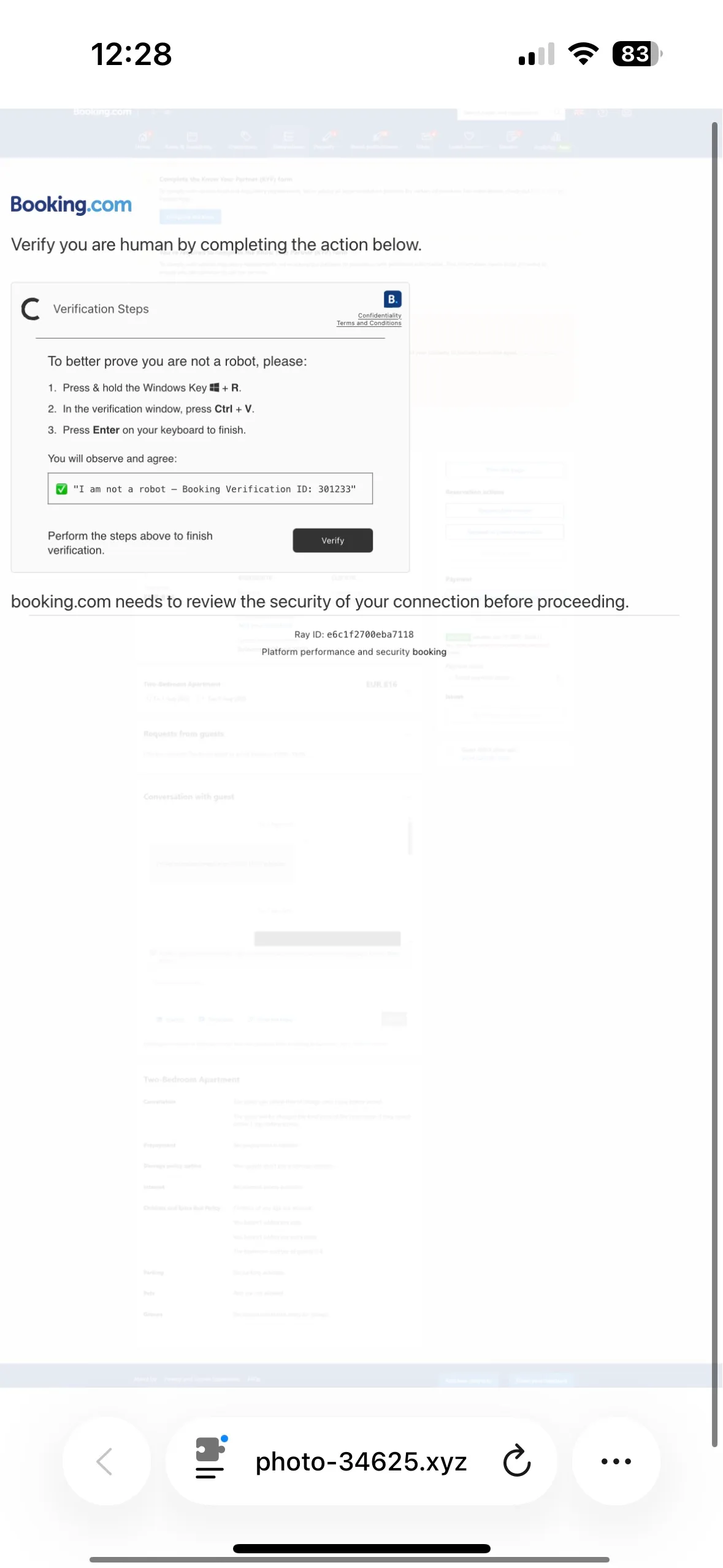 Fake Booking.com ClickFix lure served from photo-34625.xyz